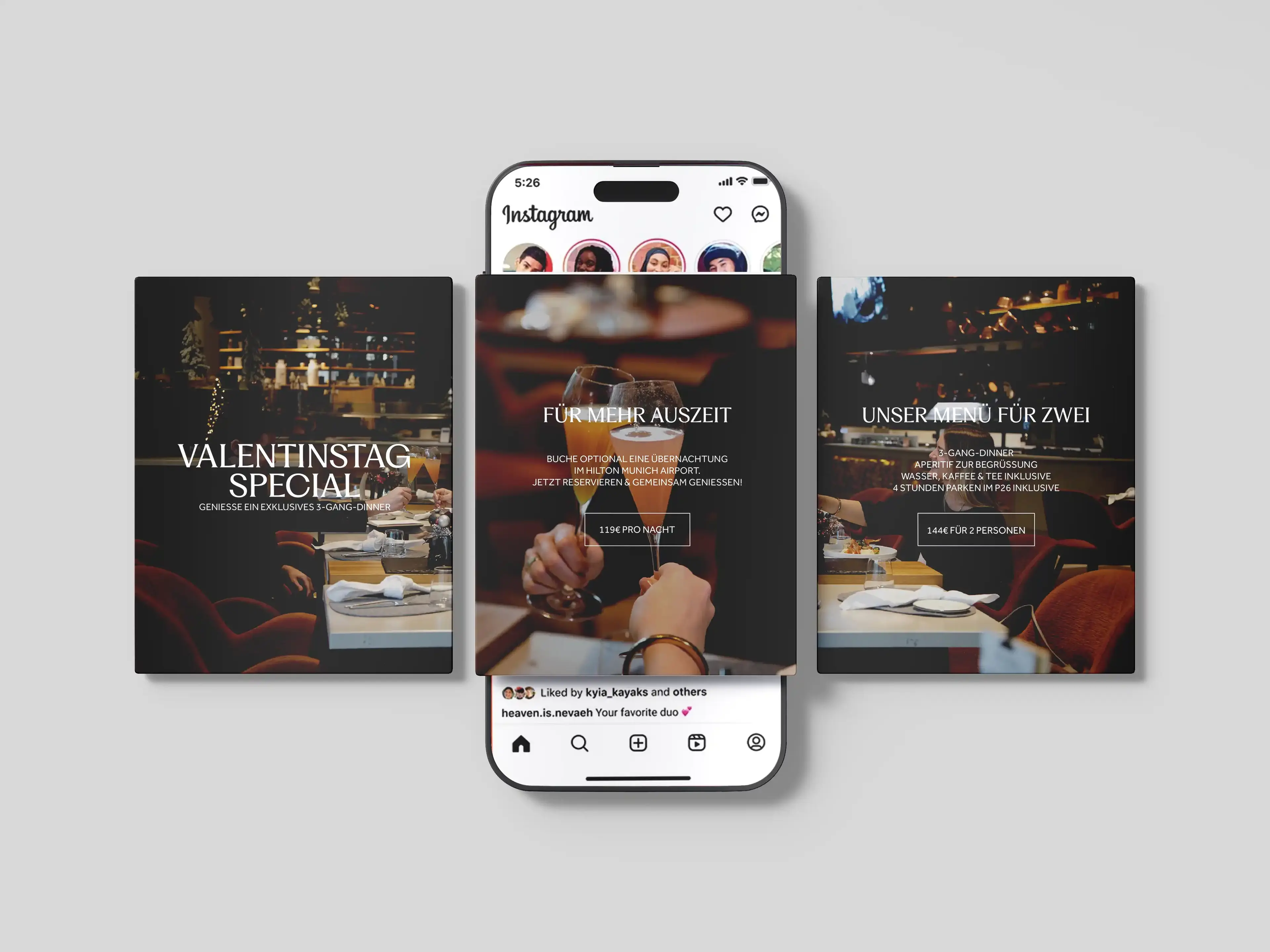 Social-Media-Posts für das Hilton Munich Airport auf einem Smartphone